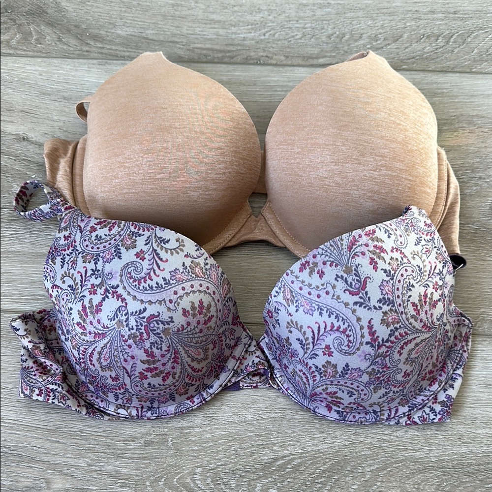 Victoria’s Secret Paisley Print and Solid Tan Bra Set